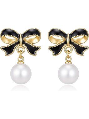 Women's Gold Plated Black Enamel Bow Pearl Drop Dangle Earrings Elegant Jewelry